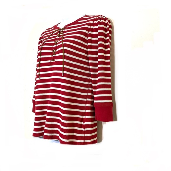 Lauren Ralph Lauren RED stripe 3/4 sleeve lace up front top waffle fabric size M - Picture 10 of 12